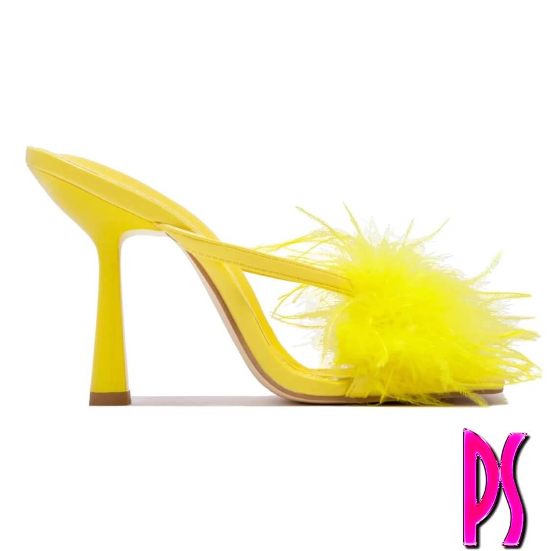 Yellow Faux Feather Fur High Heel Mules