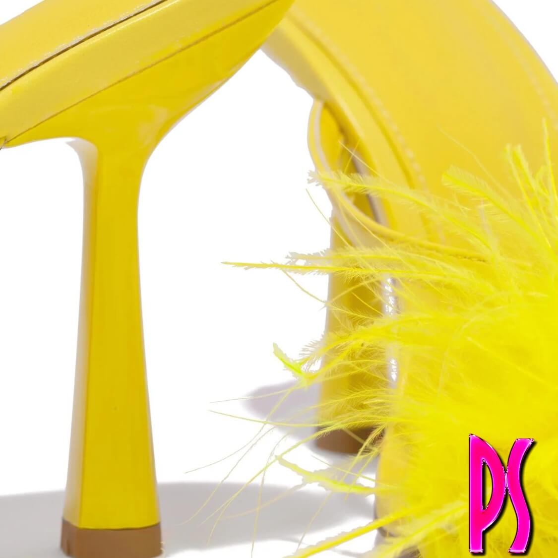Yellow Faux Feather Fur High Heel Mules