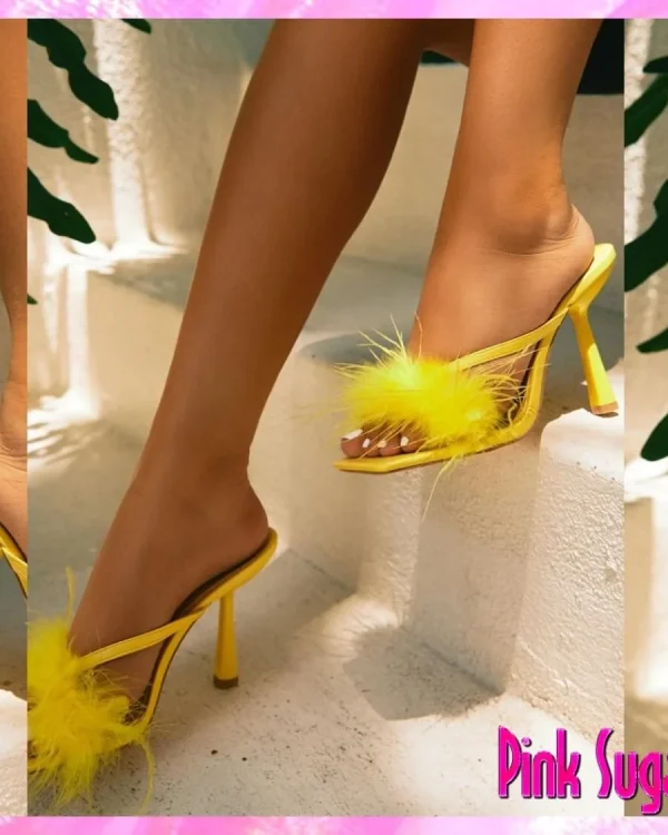00 Yellow Faux Feather Fur High Heel Mules 4
