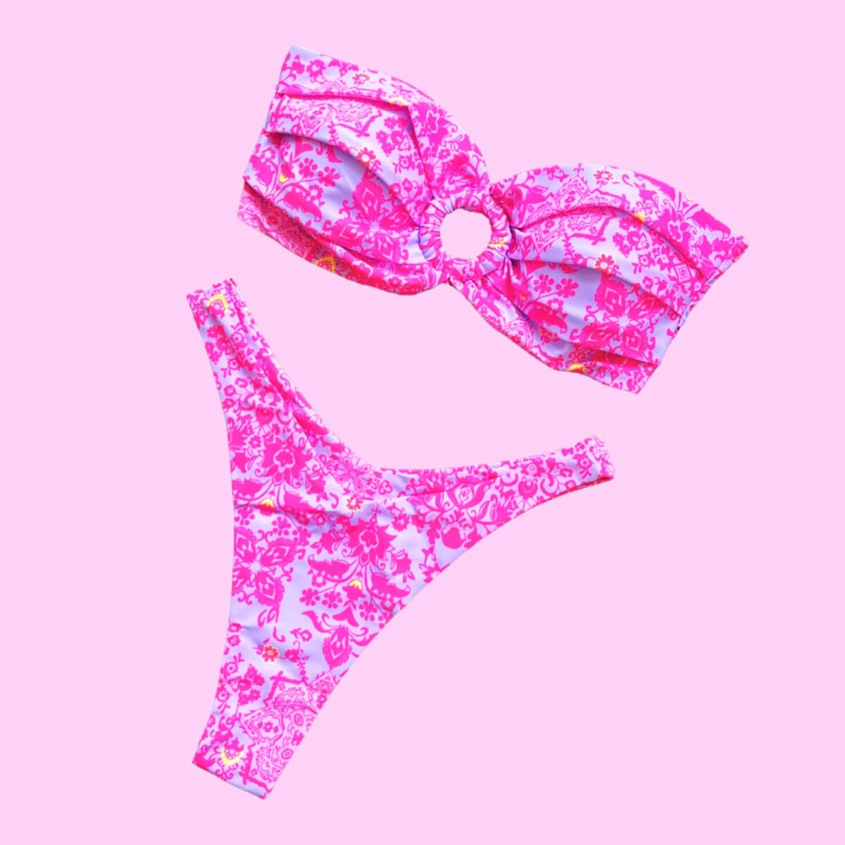 Ring Detail Bandeau Bikini Set In Pink