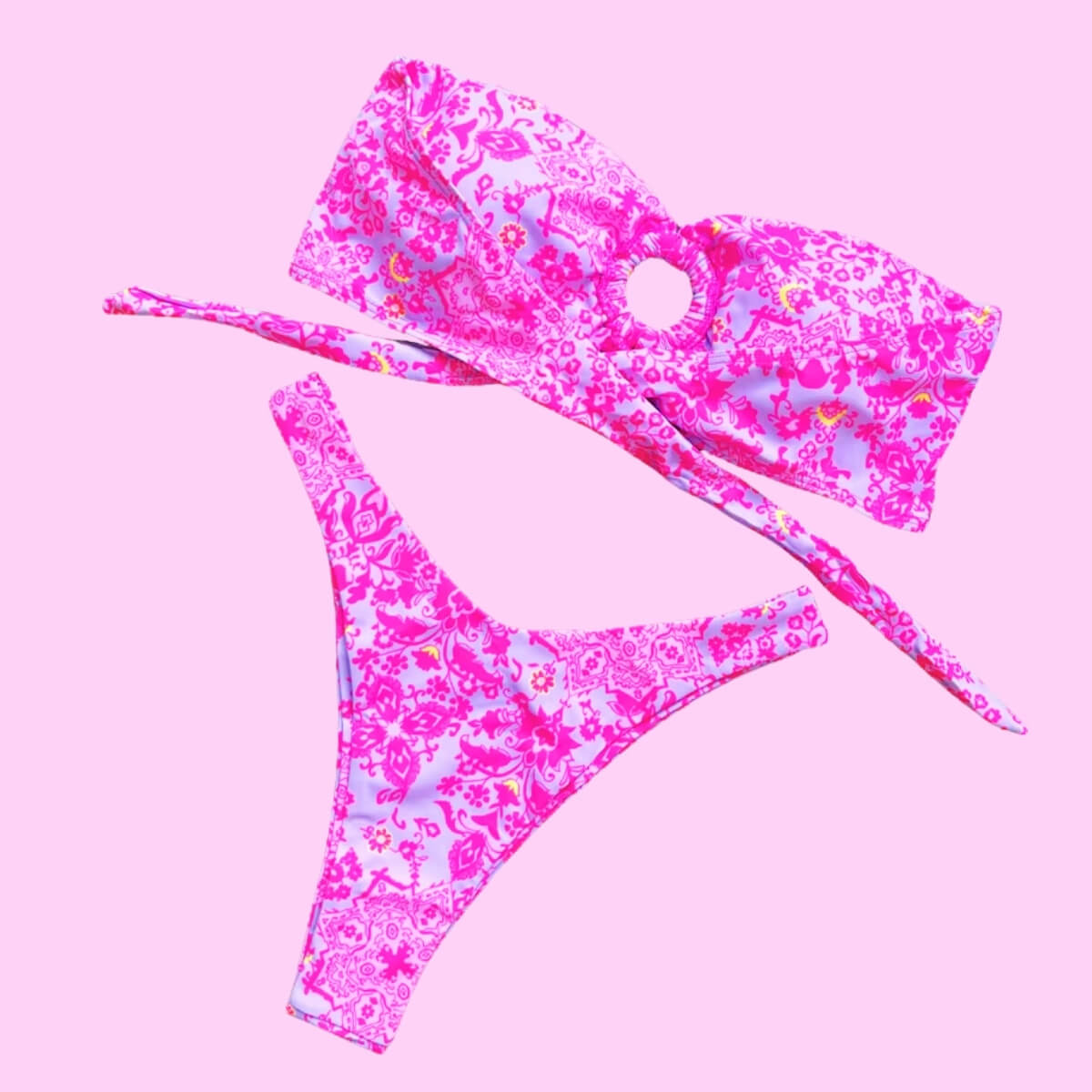 Ring Detail Bandeau Bikini Set In Pink