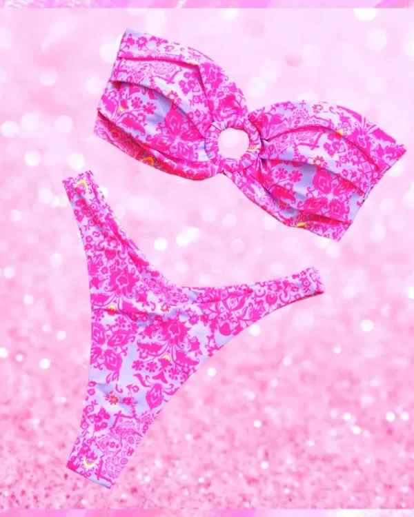 Ring Detail Bandeau Bikini Set In Pink