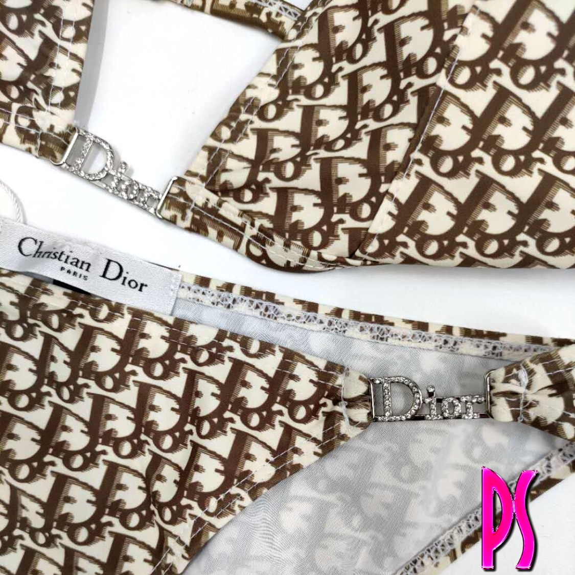 Christian Dior Rhinestone Logo Halter Bikini Brown