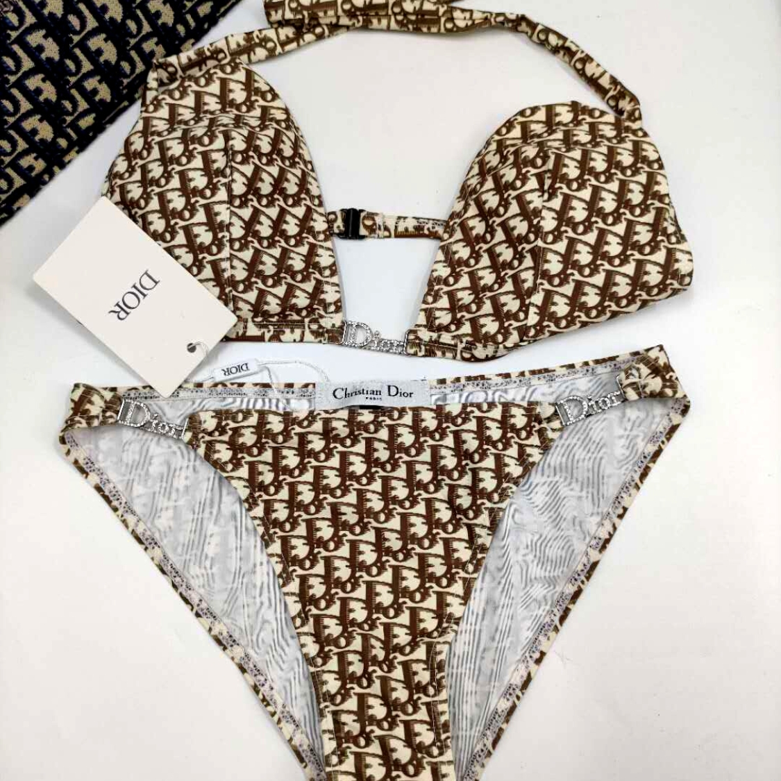 Christian Dior Rhinestone Logo Halter Bikini Brown