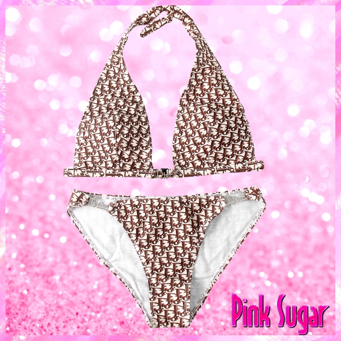 Christian Dior Rhinestone Logo Halter Bikini Brown