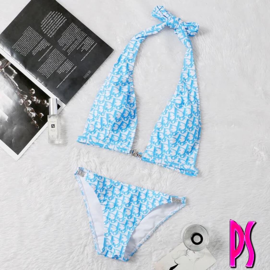 Christian Dior Rhinestone Logo Halter Bikini Blue