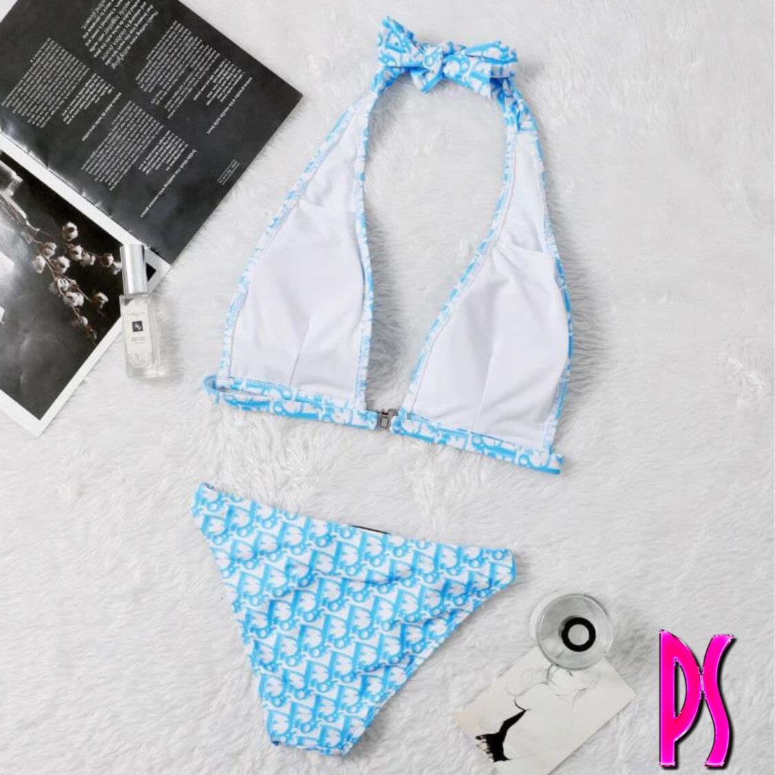 Christian Dior Rhinestone Logo Halter Bikini Blue
