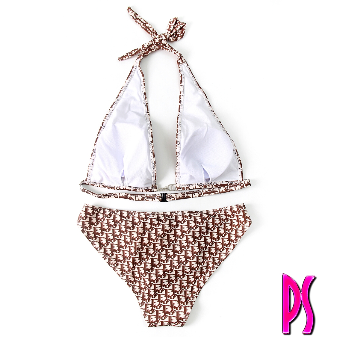 Christian Dior Rhinestone Logo Halter Bikini Brown