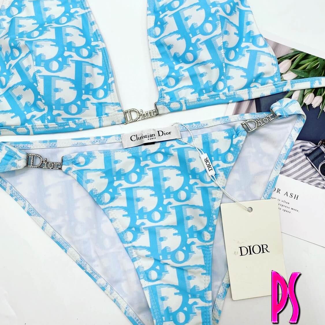 Christian Dior Rhinestone Logo Halter Bikini Blue