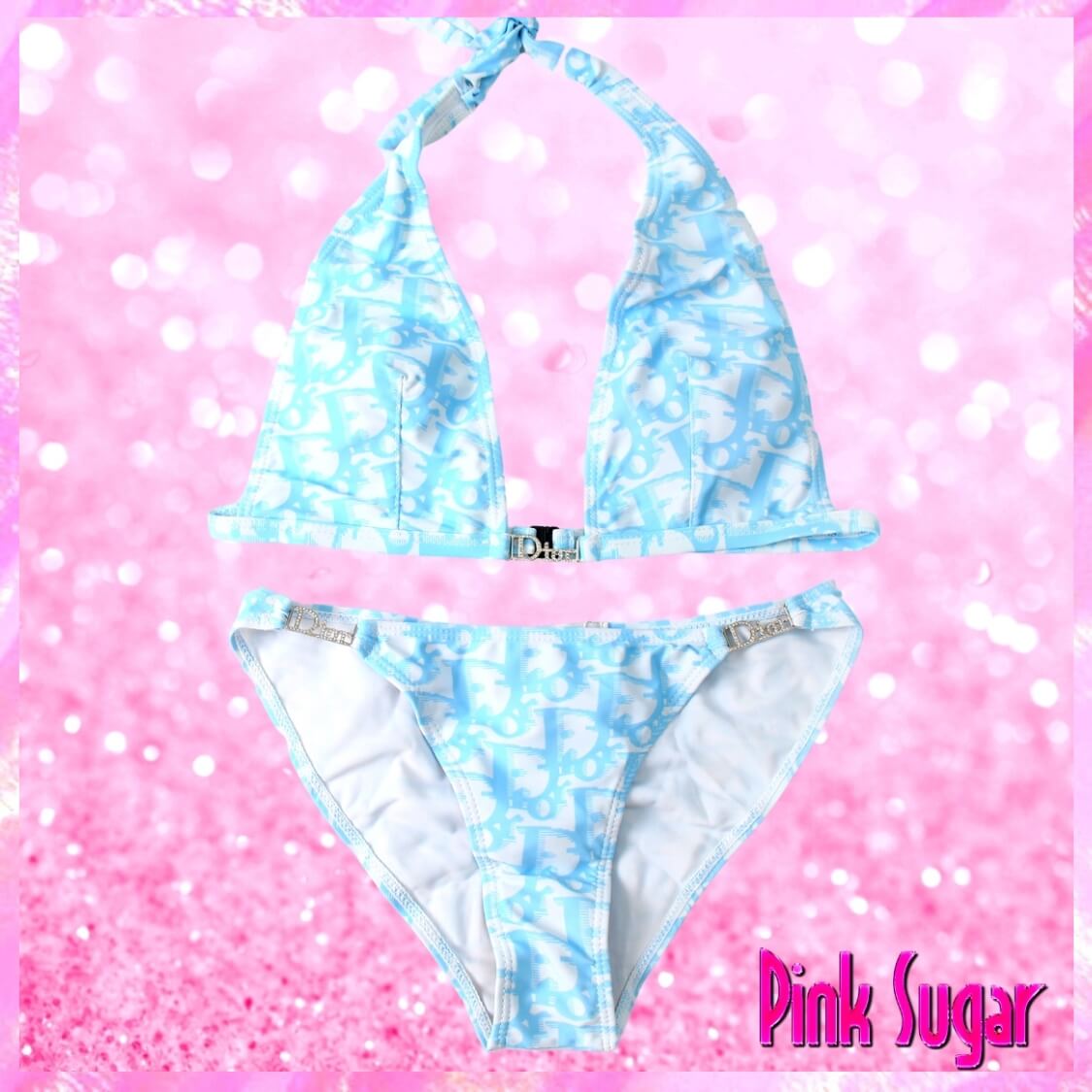Christian Dior Rhinestone Logo Halter Bikini Blue