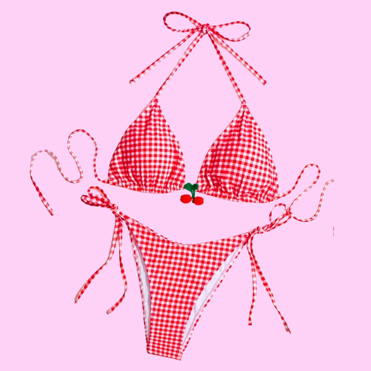 Cherry Detail Gingham Print Two Piece Bikini Set