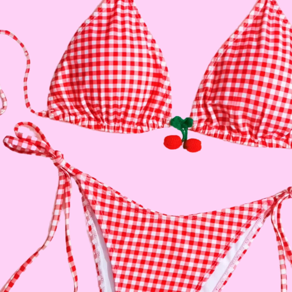 Cherry Detail Gingham Print Two Piece Bikini Set