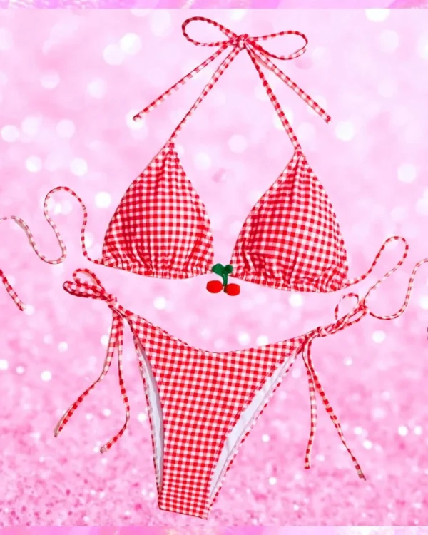 Cherry Detail Gingham Print Two Piece Bikini Set