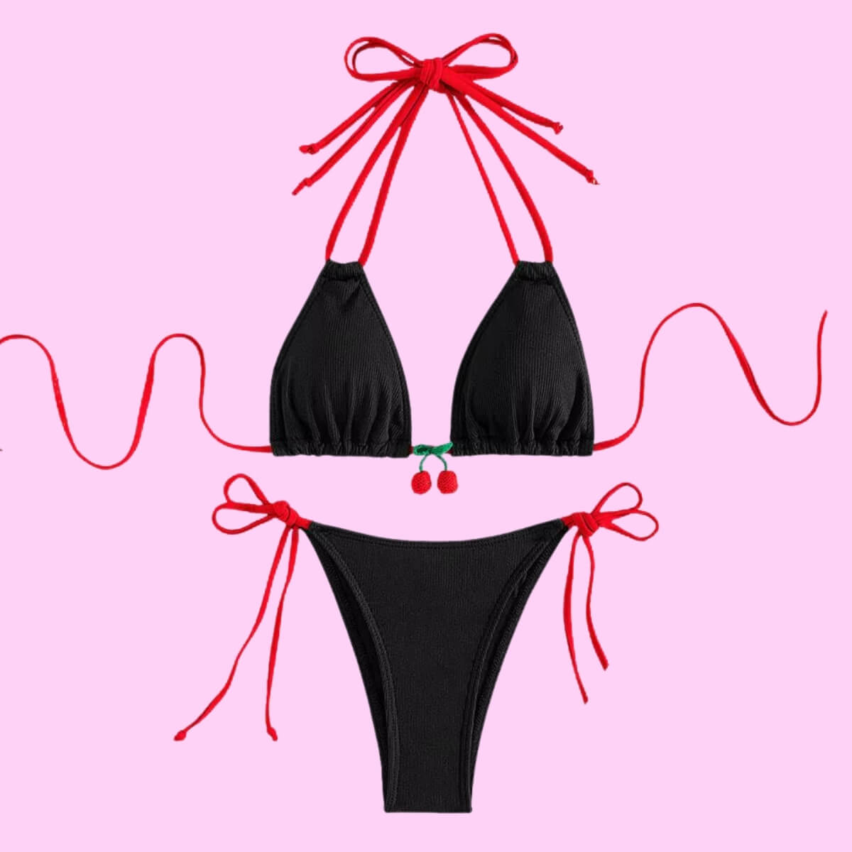 Cherry Detail Two Piece Bikini Set In Black
