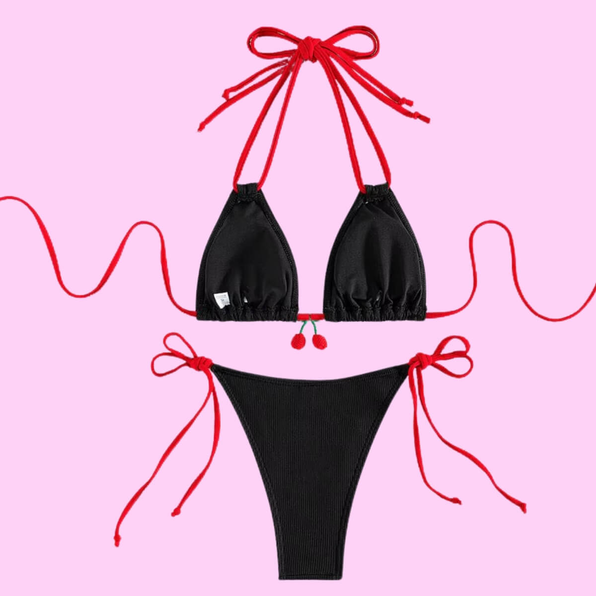 Cherry Detail Two Piece Bikini Set In Black