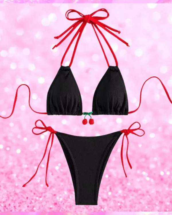 Cherry Detail Two Piece Bikini Set In Black