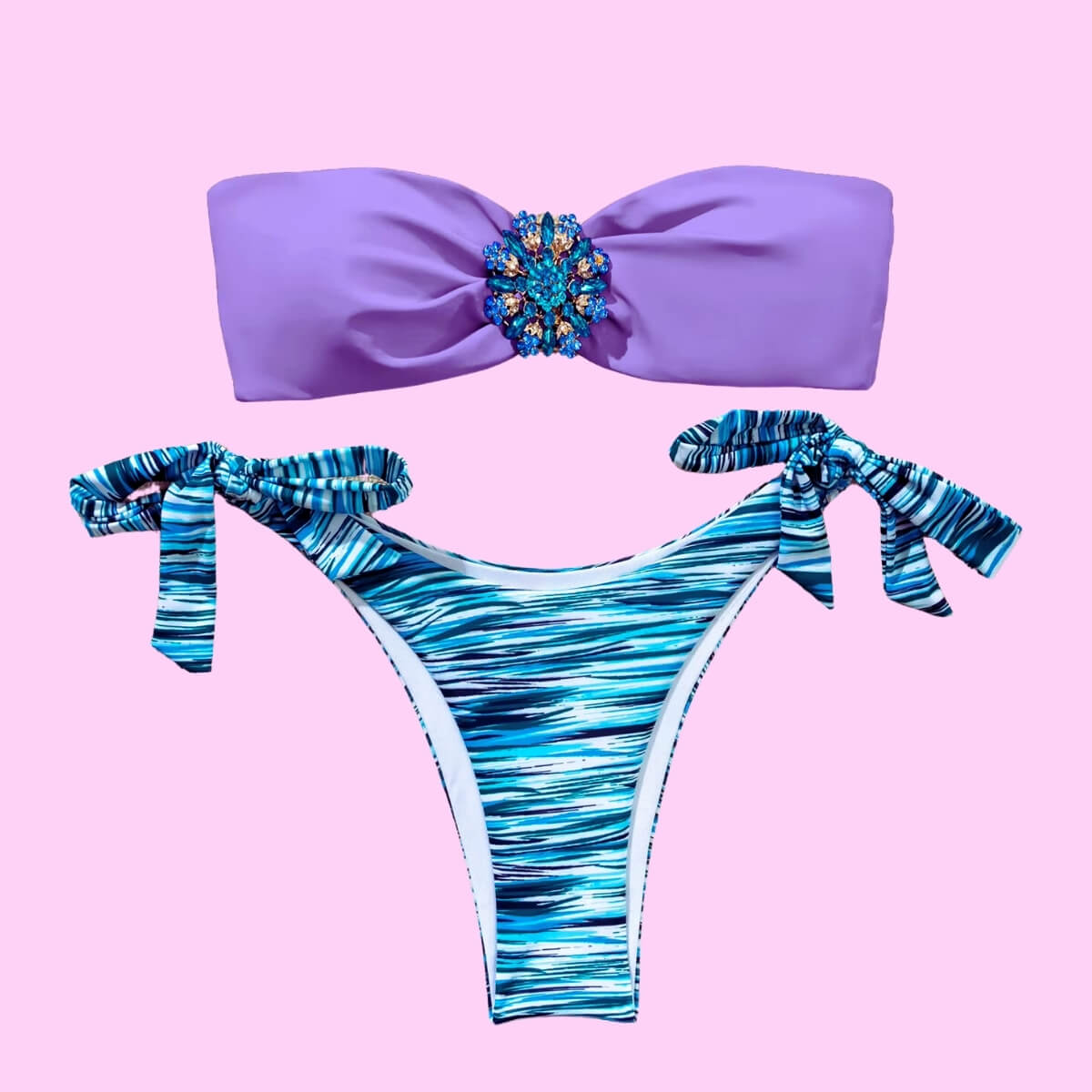 Crystal Bandeau Bikini Set In Purple