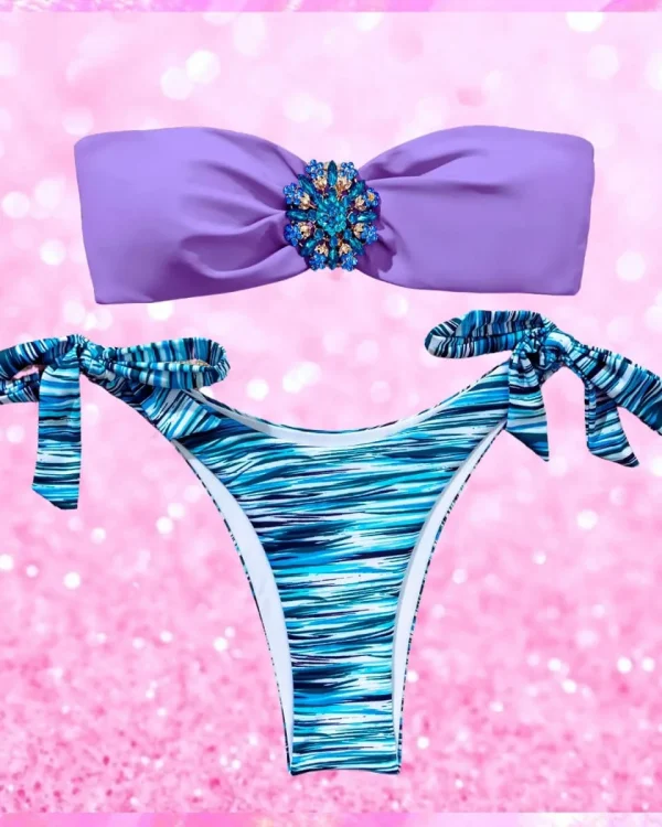 Crystal Bandeau Bikini Set In Purple
