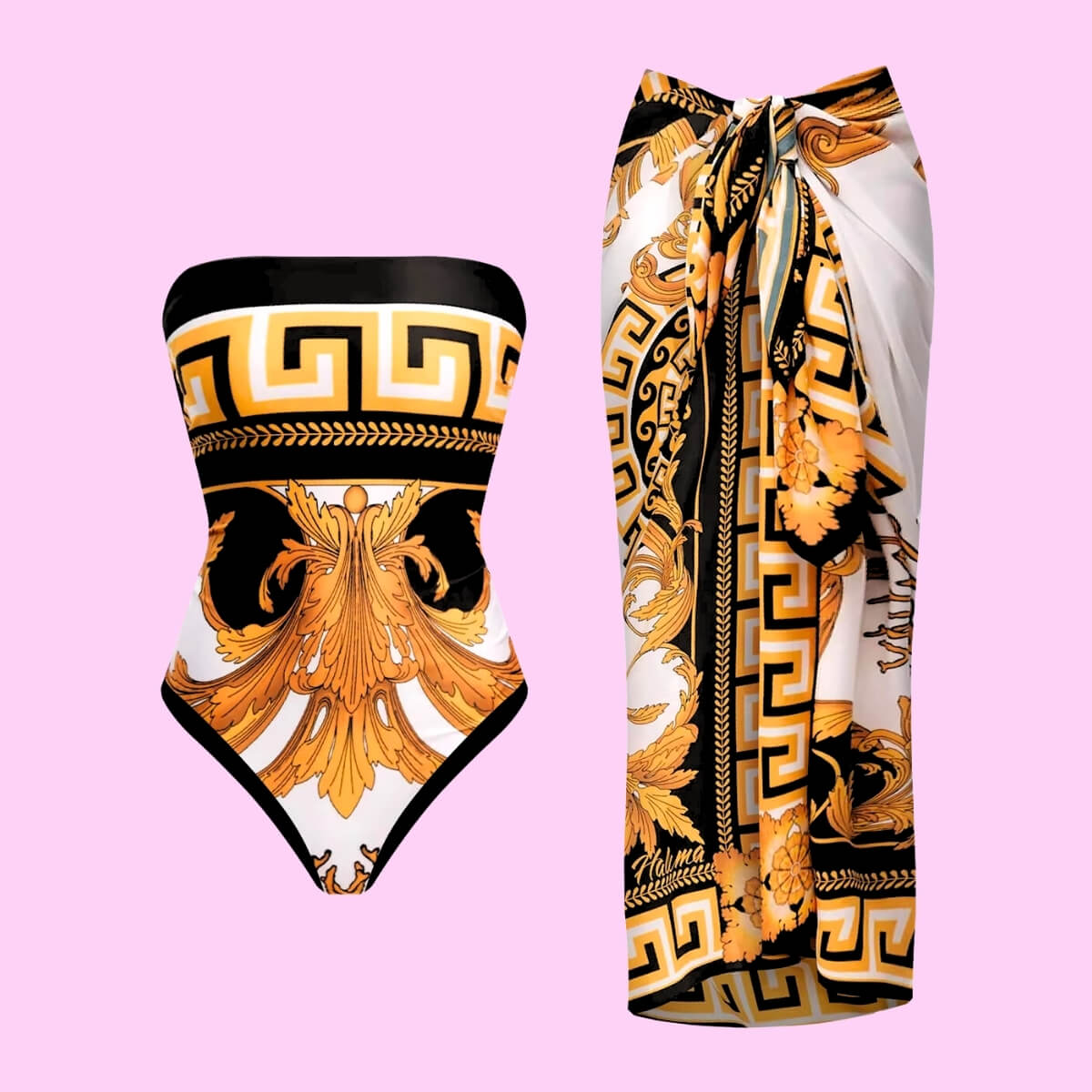 Barocco Printed One Piece Swimsuit With Maxi Sarong