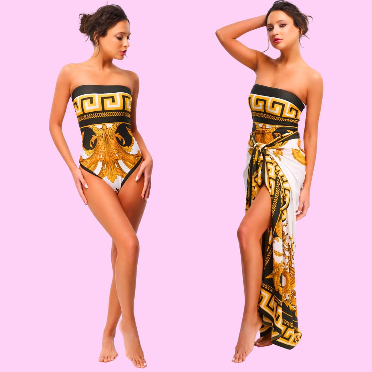 Barocco Printed One Piece Swimsuit With Maxi Sarong