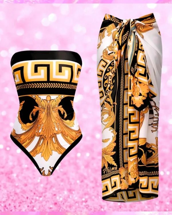 Barocco Printed One Piece Swimsuit With Maxi Sarong
