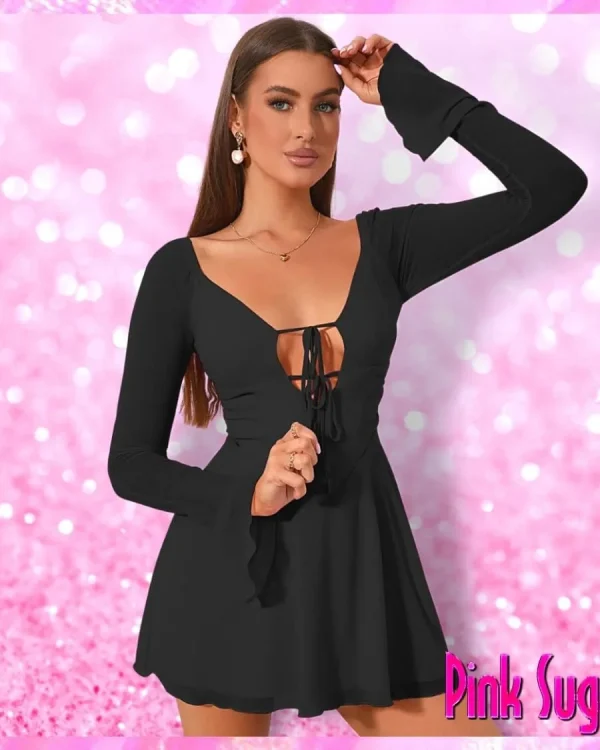 Black Tie Front Mesh Dress