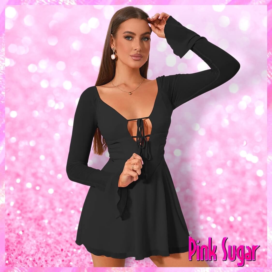 Black Tie Front Mesh Dress