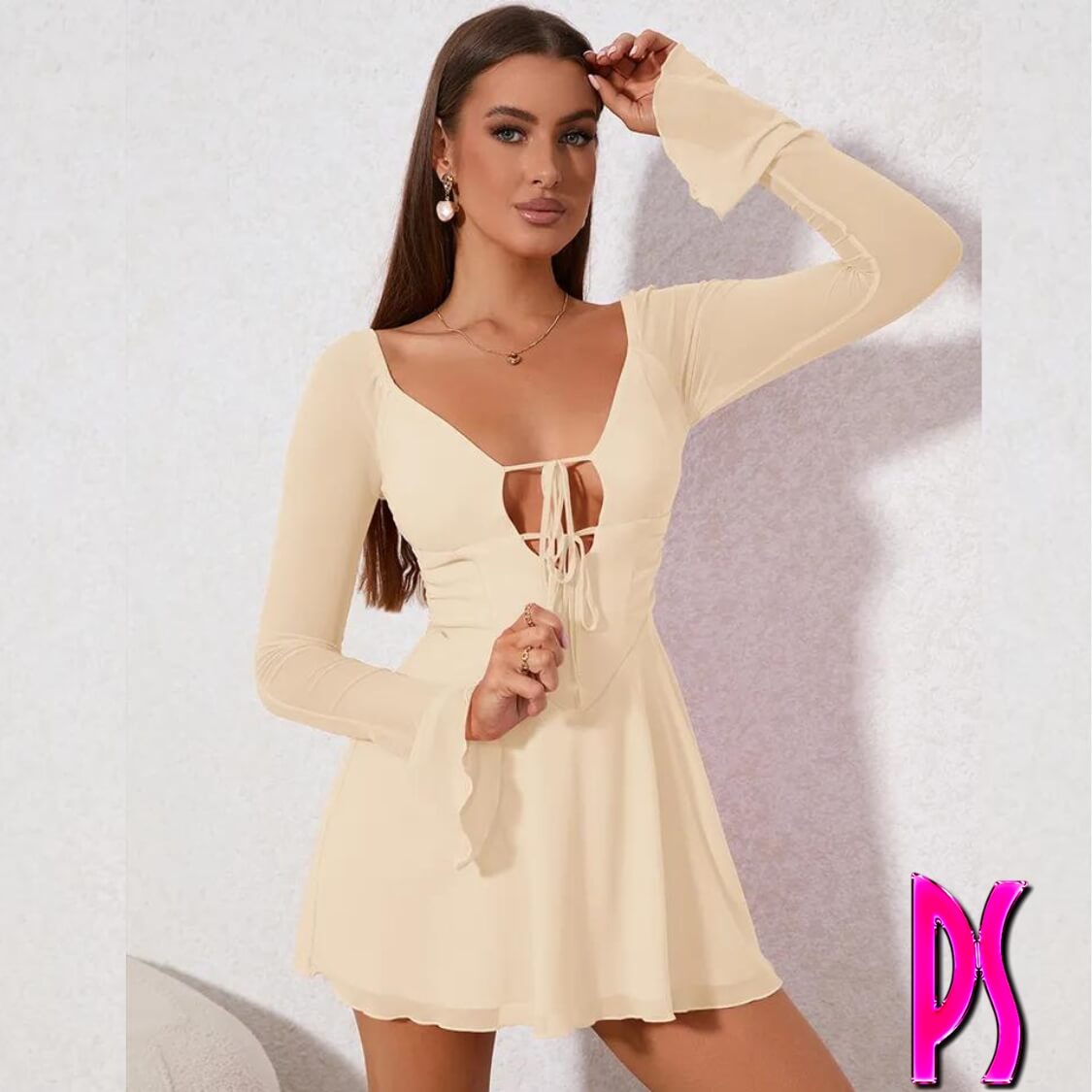 Cream Tie Front Mesh Dress