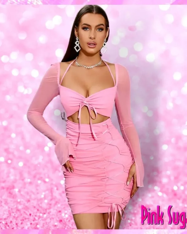 Cut Out Lace Up Front Ruched Bodycon Dress