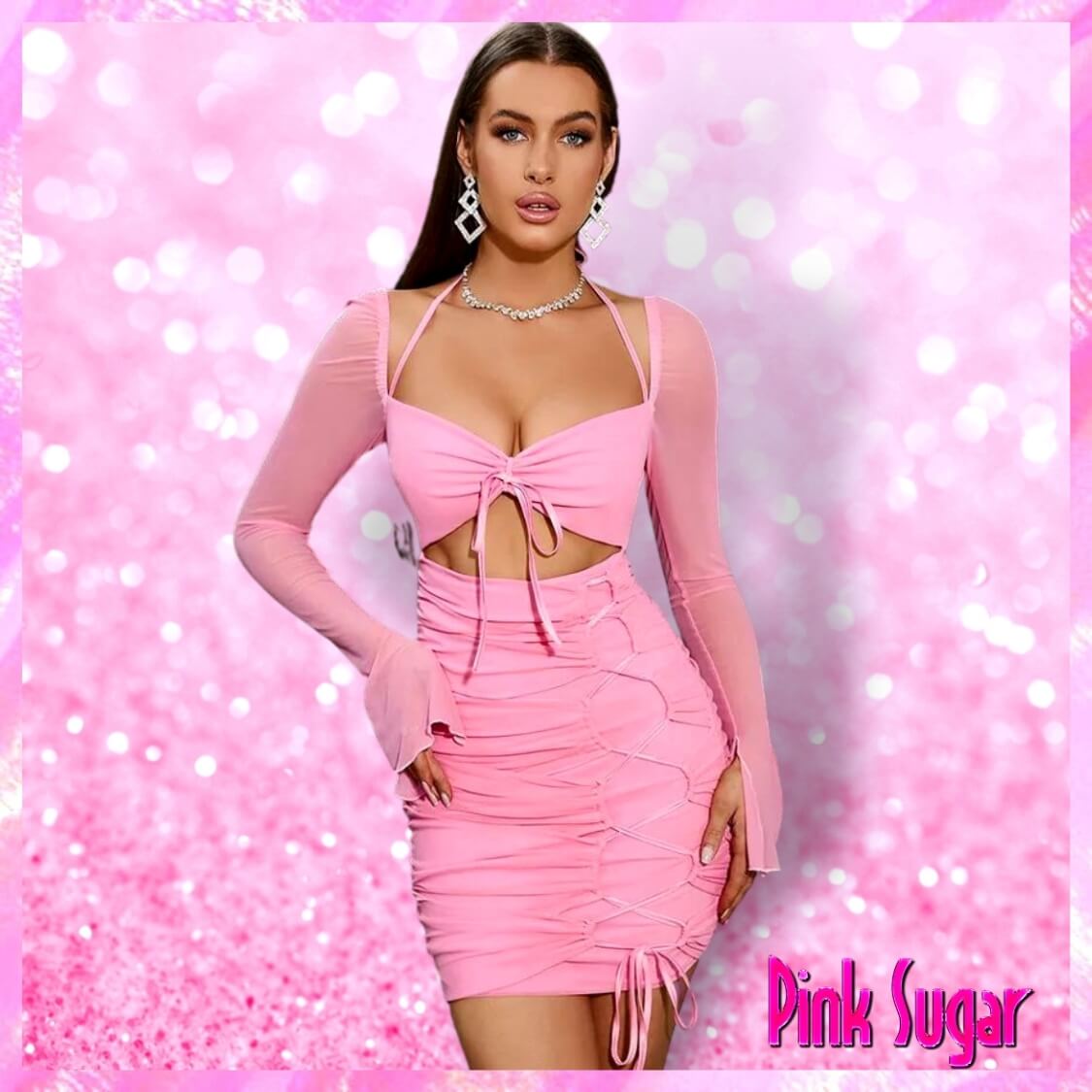 Cut Out Lace Up Front Ruched Bodycon Dress