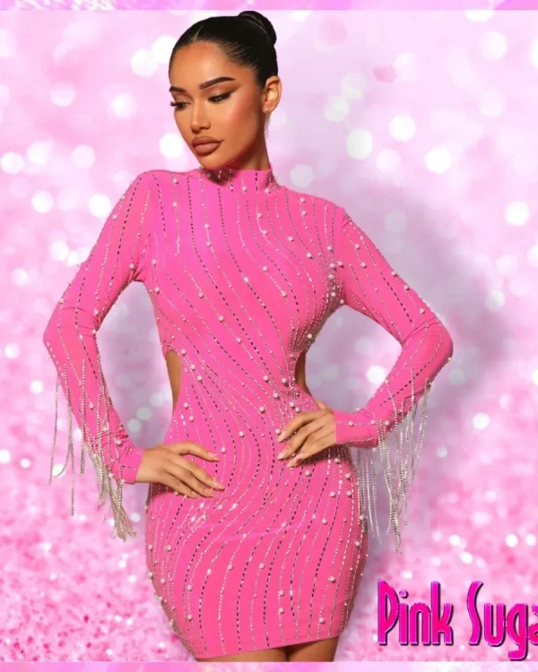 Pink Long Sleeve Bodycon Party Dress