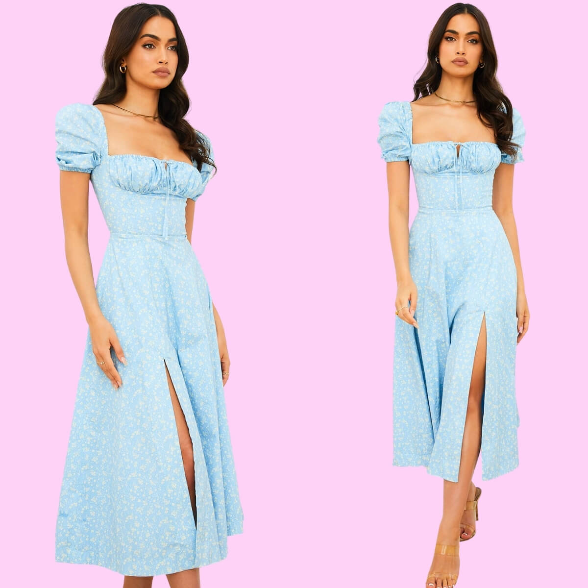 Floral Puff Sleeve High Split Maxi Dress In Blue