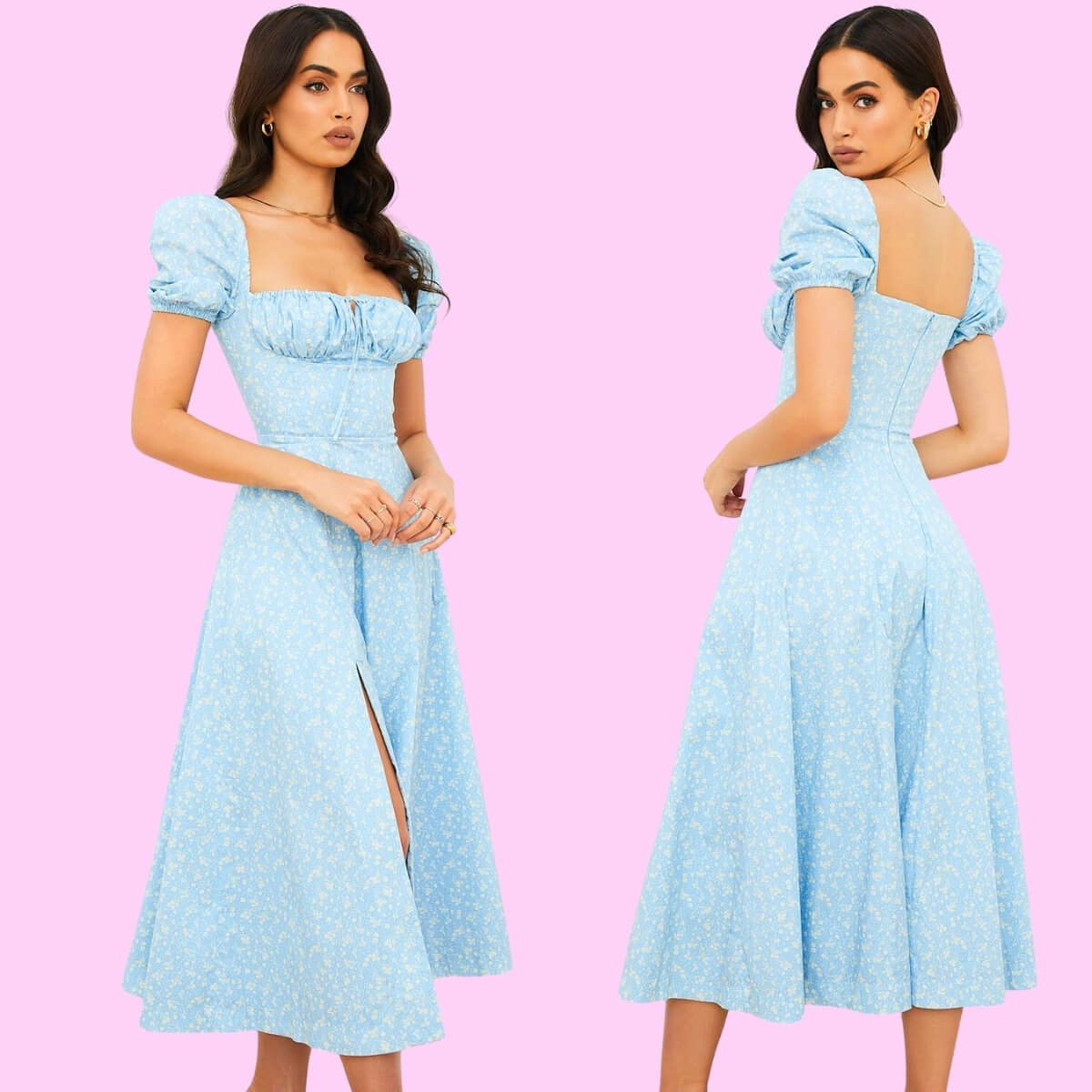 Floral Puff Sleeve High Split Maxi Dress In Blue