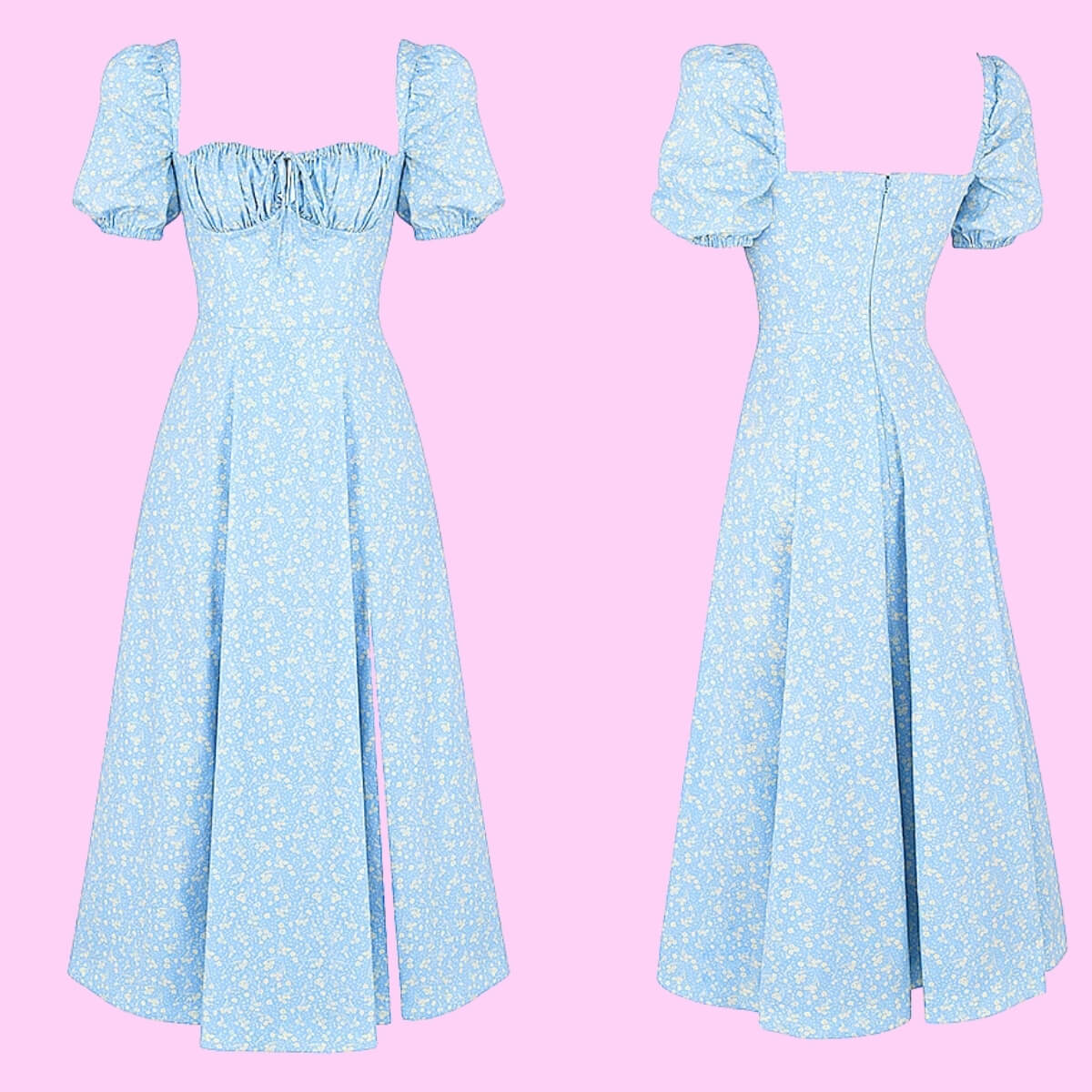 Floral Puff Sleeve High Split Maxi Dress In Blue