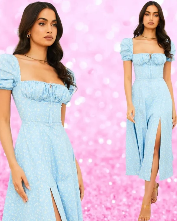 Floral Puff Sleeve High Split Maxi Dress In Blue