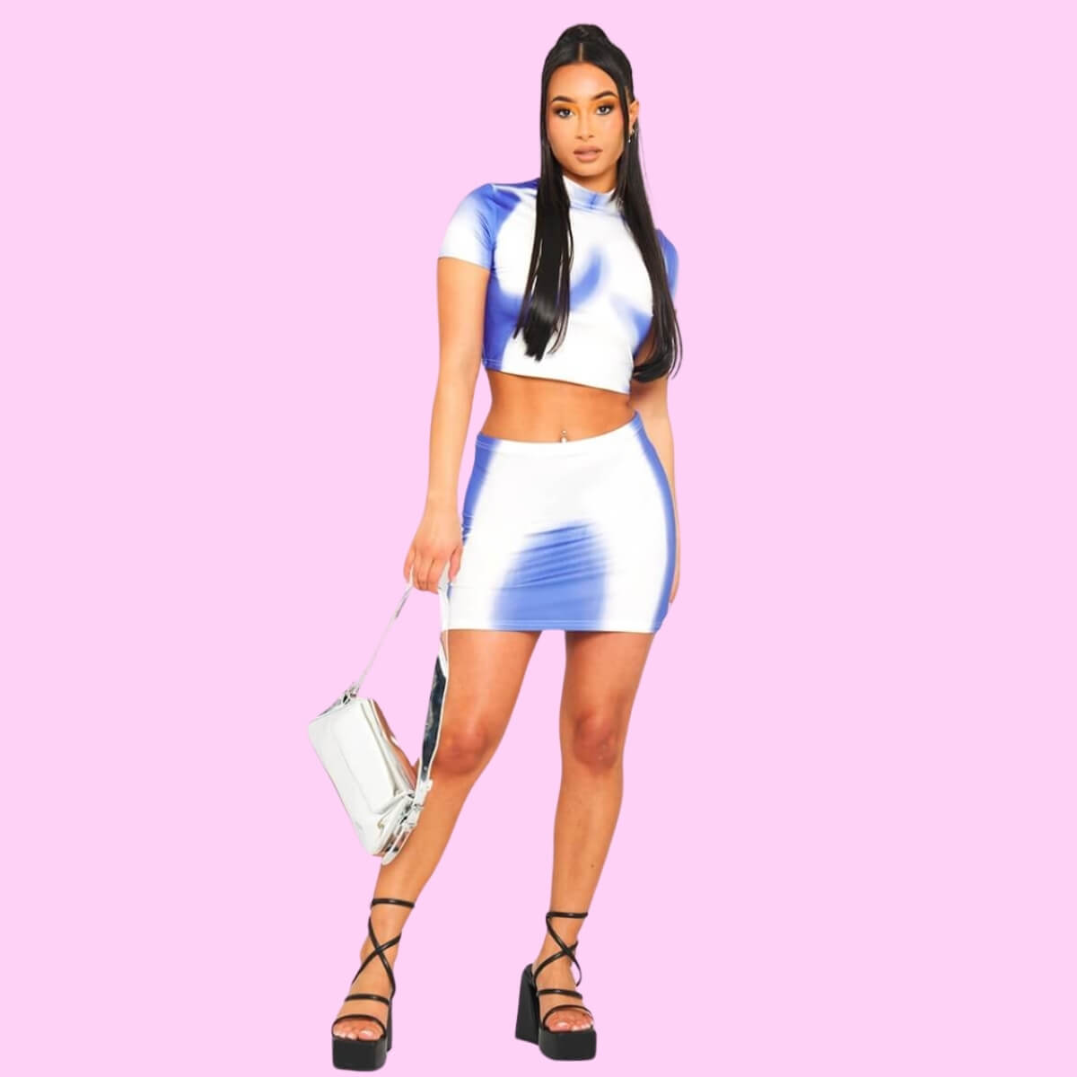 Crop Top And Mini Skirt Set In White/Blue
