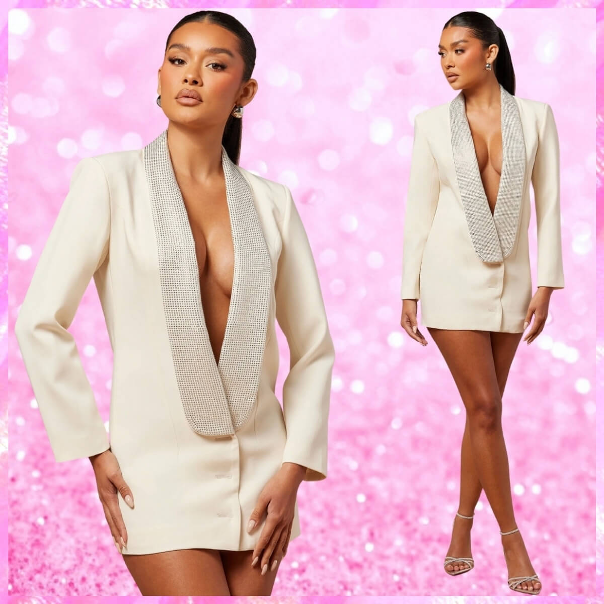 Deep Plunge Diamante Detail Blazer Dress