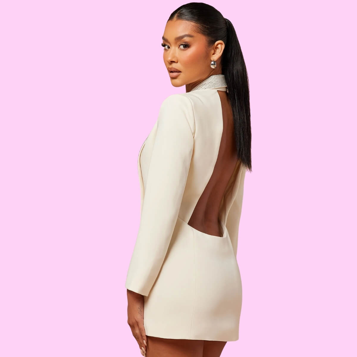Deep Plunge Diamante Detail Blazer Dress