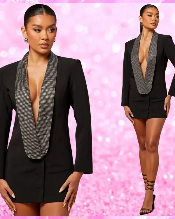 Deep Plunge Diamante Detail Blazer Dress In Black
