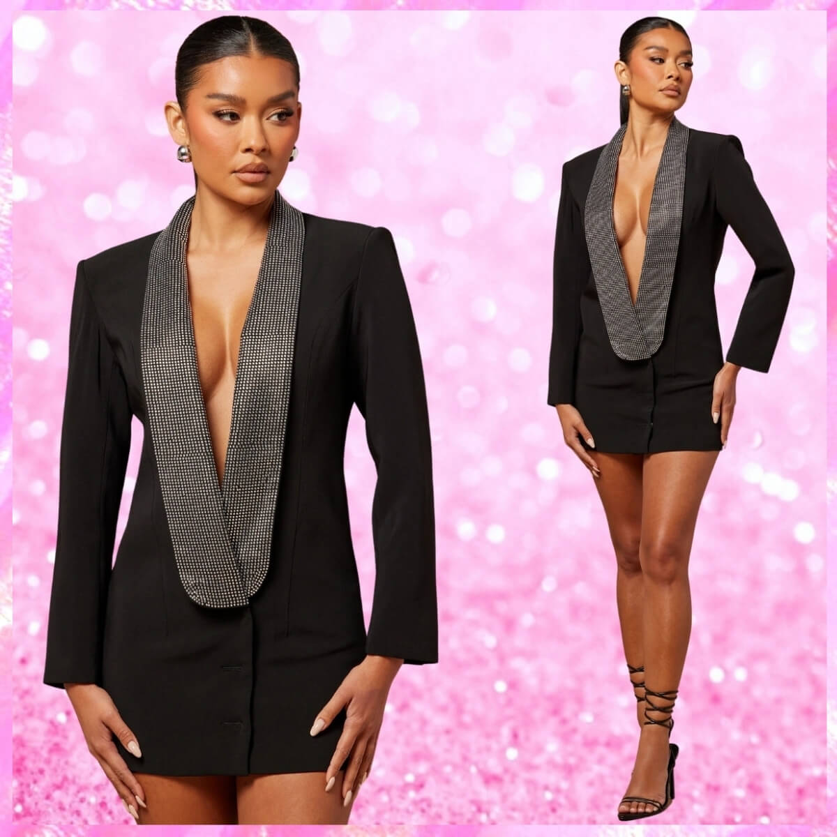 Deep Plunge Diamante Detail Blazer Dress In Black