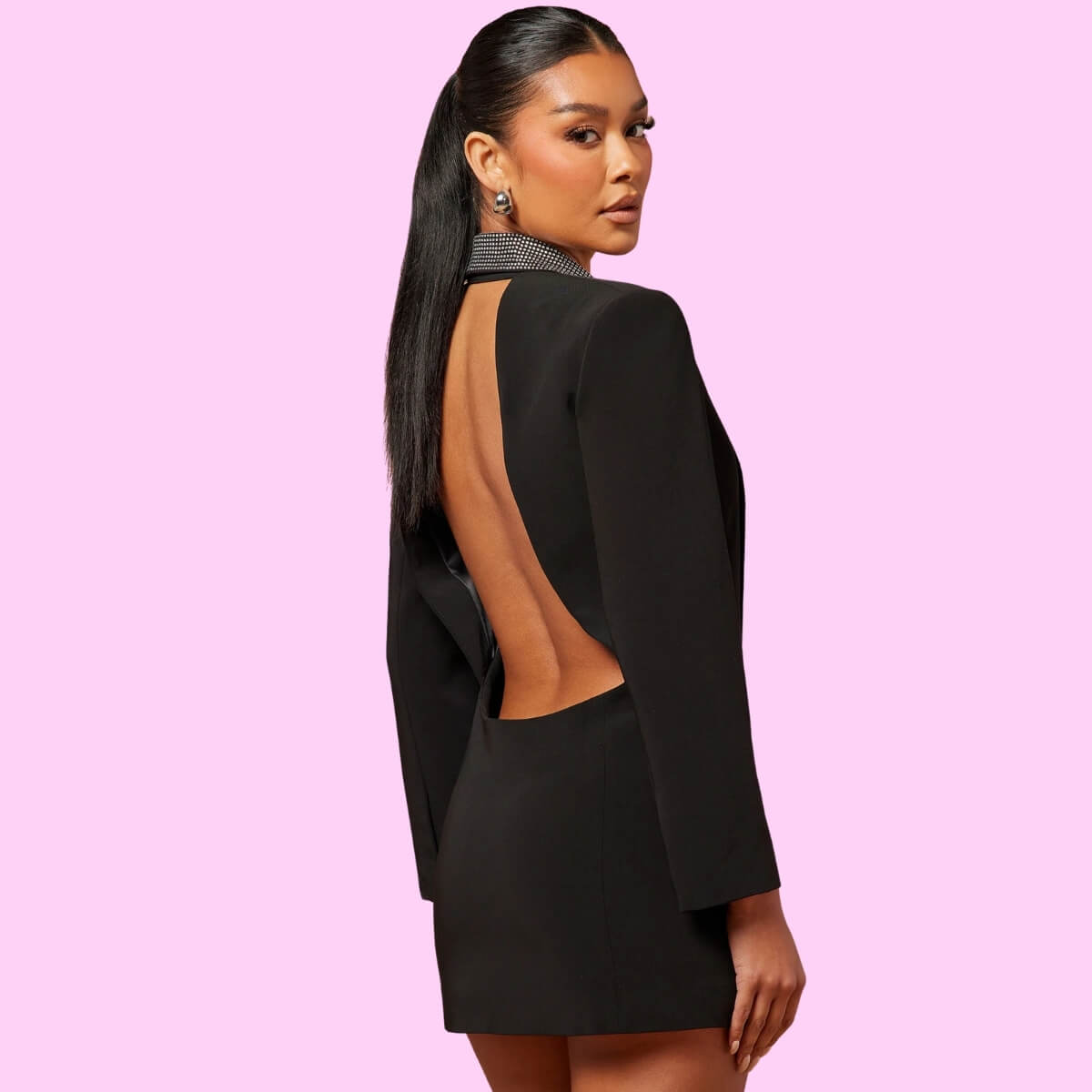 Deep Plunge Diamante Detail Blazer Dress In Black