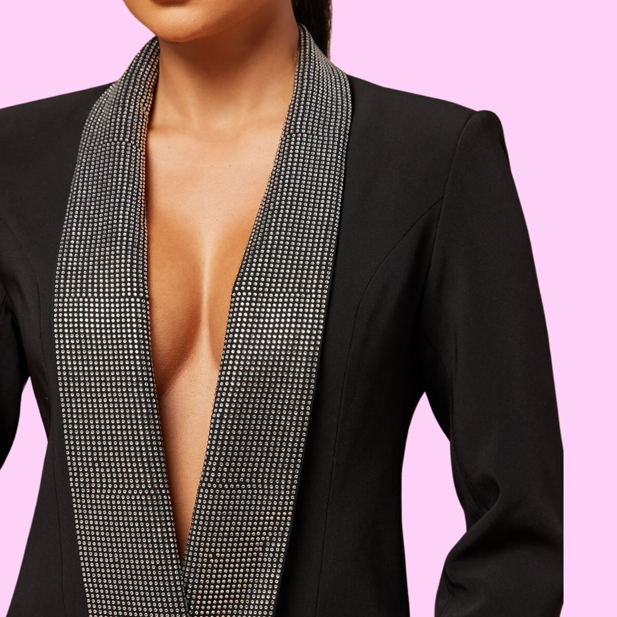 Deep Plunge Diamante Detail Blazer Dress In Black