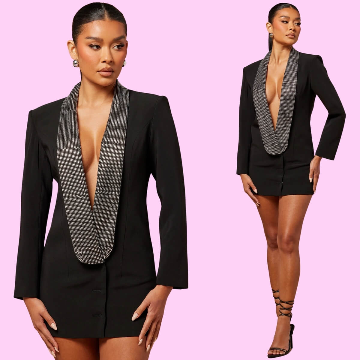 Deep Plunge Diamante Detail Blazer Dress In Black