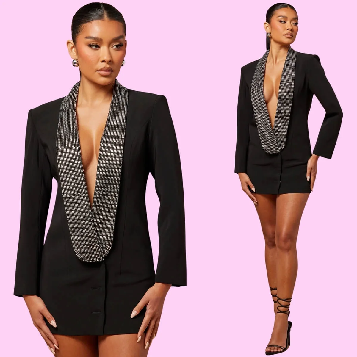Deep Plunge Diamante Detail Blazer Dress In Black