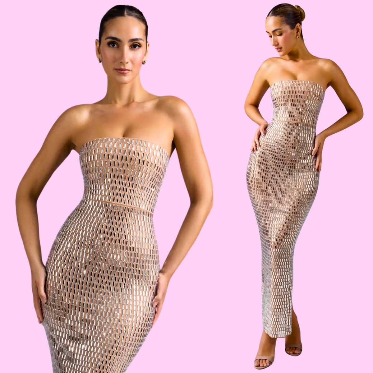 Embellished Bandeau Maxi Dress in Beige