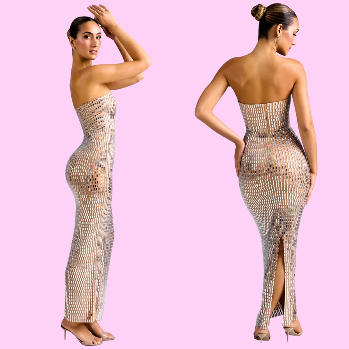Embellished Bandeau Maxi Dress in Beige
