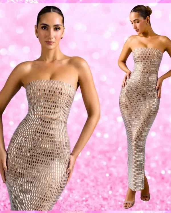 Embellished Bandeau Maxi Dress in Beige