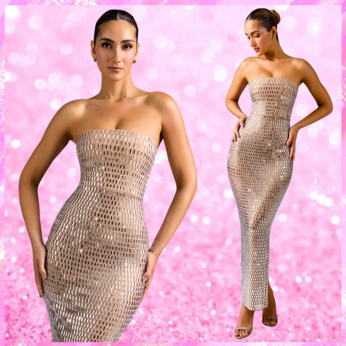 Embellished Bandeau Maxi Dress in Beige