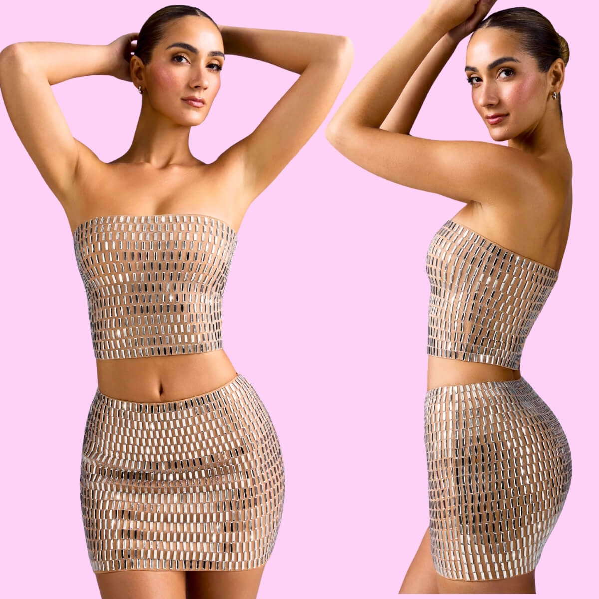 Embellished Crop Tube Top Micro Mini Skirt Set