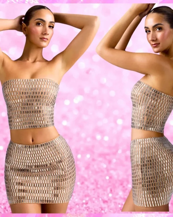 Embellished Crop Tube Top Micro Mini Skirt Set